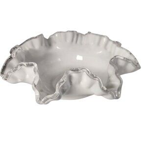 Vintage Fenton Silver Crest White Milk Glass Large Ruffled Bowl Dish
